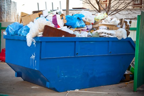 Front view of a skip and safety cones at a site